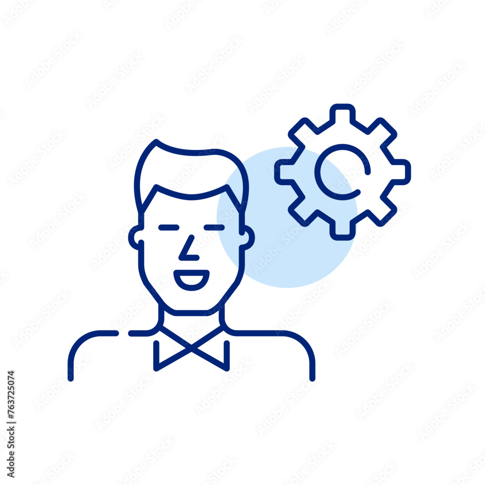 Poster smiling man in formal attire and cogwheel. personal efficiency and professional development. pixel p