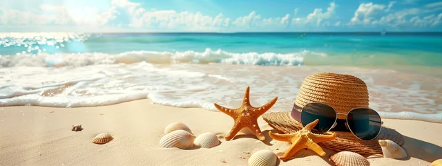 Foto op Aluminium Beach Scene with Starfish, Seashells and Hat © PETR BABKIN