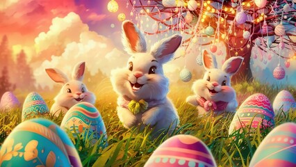 Fototapeta na wymiar colorful drawing of happy bunnies, Easter, pink background