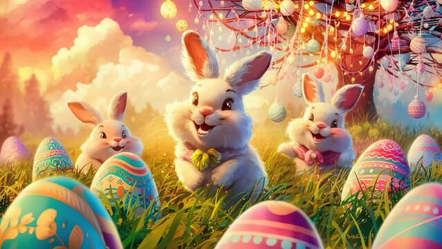 colorful drawing of happy bunnies, Easter, pink background
