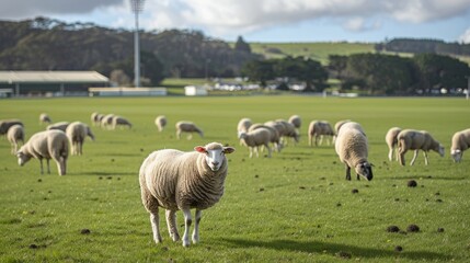 Fototapeta premium A flock of sheep grazing in the fields next to the stadium adding to the rural charm of the cricket grounds.