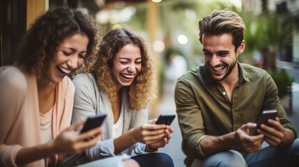 A Social media, technology and modern life concepts Group of young people using smart phones outdoors, happy friends with smartphones laughing together. - obrazy, fototapety, plakaty