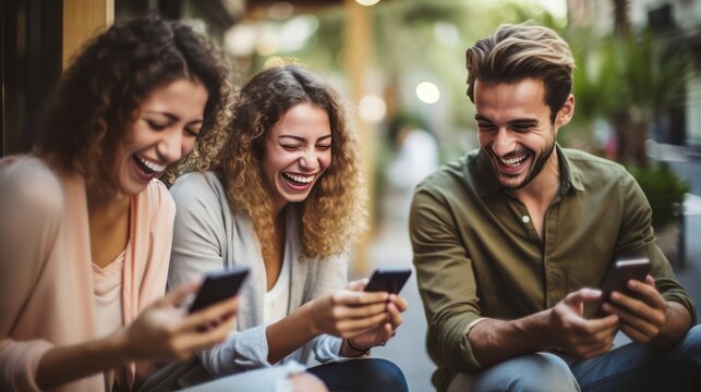 A Social media, technology and modern life concepts Group of young people using smart phones outdoors, happy friends with smartphones laughing together.