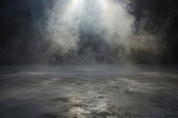 Ominous atmosphere with a smoky dark room and an empty concrete floor, conjuring a mood of mystery and suspense.