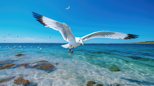 white seagull flying flapping its wings in sunny day with clear blue sea and island background created with Generative AI Technology