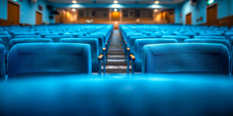 Obraz premium University lecture hall with rows of empty blue chairs and a central aisle