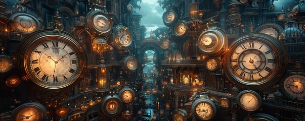 Amidst a collection of mystical clocks, time bends to unveil the secrets of bygone eras As each second ticks, the essence of various civilizations is vividly portrayed 3D Render, Rembrandt Lighting,