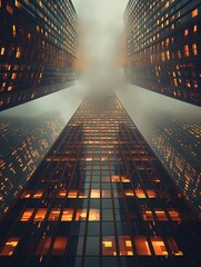Amidst the urban hustle, a towering skyscraper serves as the canvas for a futuristic art installation The camera angle captures the scene from a worms-eye view - obrazy, fototapety, plakaty