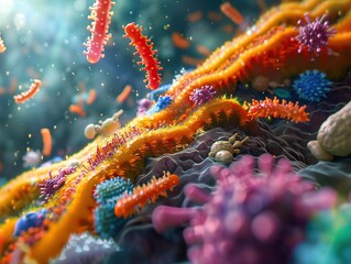 At the cellular level, within the human body, diverse microbial communities work harmoniously to maintain health The intricate scene is depicted in a 3D render - obrazy, fototapety, plakaty