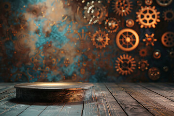 product podium presentation with antique metal steam victorian age style background - obrazy, fototapety, plakaty