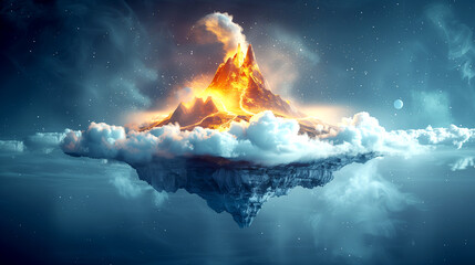 Floating island with an erupting volcano. Surreal image