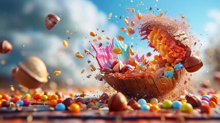 3D render of a hazelnut cracking open with colorful abstract shapes pouring out.