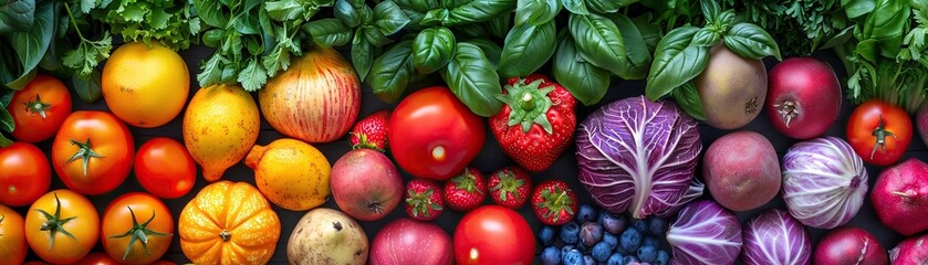 overhead shot capturing the vibrant colors of fruits and vegetables Style - obrazy, fototapety, plakaty