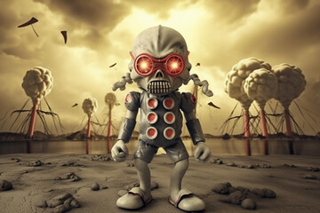 3D cartoon of kid in gas mask, facing a nuclear explosion - obrazy, fototapety, plakaty