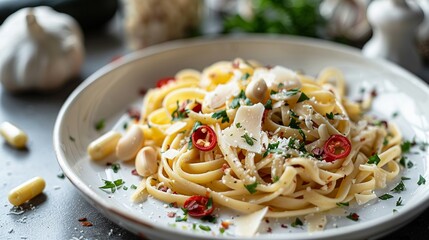 Studio-lit photograph of a pasta dish with garlic pills nearby.