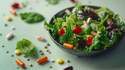 Studio-lit photograph of a salad with a side of multivitamin tablets. - obrazy, fototapety, plakaty