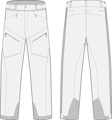 ski pants technical fashion illustration with waterproof zip pockets and gusset flat sketch front and back view - obrazy, fototapety, plakaty