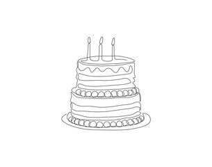 Continuous Line Drawing Of Birthday Cake. One Line Of Cake. Birthday Cake Continuous Line Art. Editable Outline.