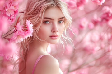 portrait of beautiful woman with spring flower