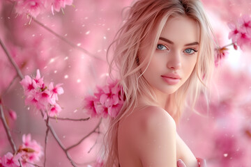 Beautiful woman in blossom garden