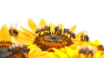 honey bees and other pollinators drinking nectar from sunflower on isolate white