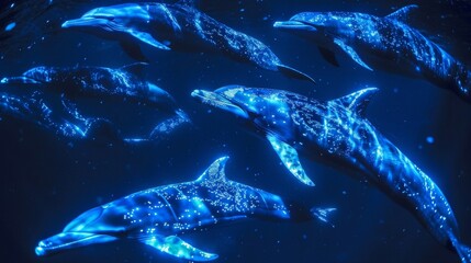 In a hidden cove a group of mysterious dark whales rarely seen by humans swims silently a the glowing bioluminescent creatures of the deep sea. As the couple explores this - obrazy, fototapety, plakaty