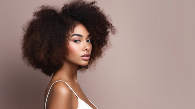 Beautiful wide portrait of delightful black brown american girl model with afro hairstyle and smooth skin created with Generative AI Technology