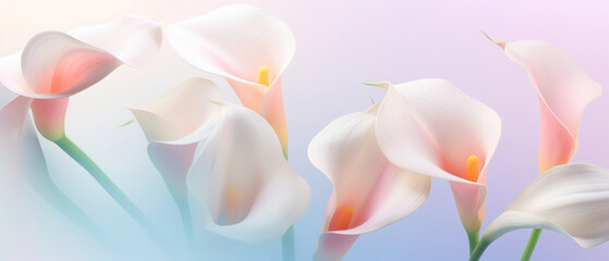 Collection of Colorful Calla lily Flowers blooming in soft pastel bright colors on a vast natural spring floral background created with Generative AI Technology