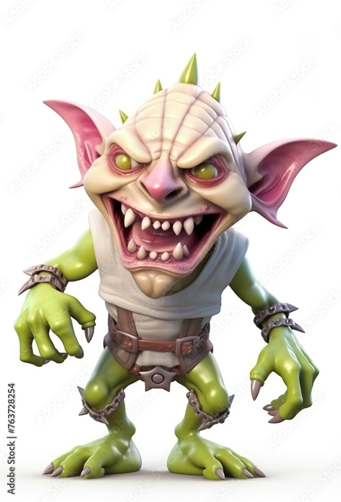 Wall mural 3D rendered funny cartoon goblin, colorful, white background,