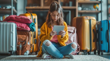 young girl sitting on the floor surrounded by suitcases and travel bags. She is using her tablet to search for the best deals and promotions on flights and accommodations - obrazy, fototapety, plakaty