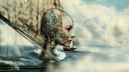artificial intelligence, embodied as a beautiful cybernetic woman, navigating the internet as a ship sailing the seas, vaguely seen and represented as the ships sails