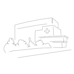 Hospital building, ambulance. Vector black and white illustration, sketch, hand drawn, exterior. Pharmacy, medicine