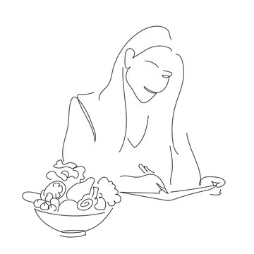 woman writing, bowl vegetables, line art clip art preview