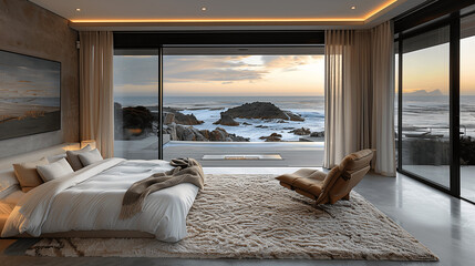 Modern Bedroom with Ocean View at Twilight