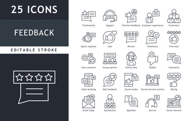 Feedback Outline Icon Set. Thin Line Collection contains such Icons as Review, Rating, Testimonials, Quick Response, Satisfaction, Customer Experience and more. Vector Editable Stroke 