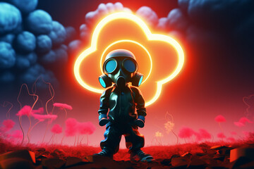 Cartoon child in gas mask, 3D rendered nuclear blast, glowing atom symbol, dramatic mushroom cloud, stormy backdrop - obrazy, fototapety, plakaty