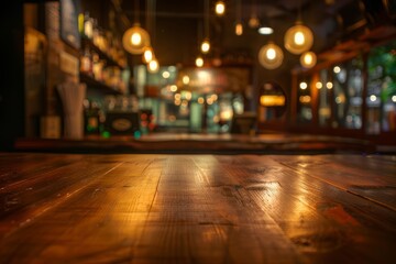 Defocused ambiance with glowing orbs against a polished wood surface, perfect for a comfortable and intimate setting. - obrazy, fototapety, plakaty