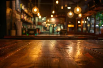 Fotobehang Defocused ambiance with glowing orbs against a polished wood surface, perfect for a comfortable and intimate setting. © BackgroundWorld