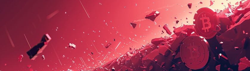 Bitcoin Icon Exploding in Dynamic Red Abstract, Reflecting Volatility and Market Disruption