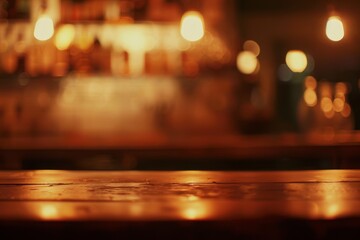 Empty wooden table with a blur of warm bokeh lights, setting the scene for a romantic or festive occasion - obrazy, fototapety, plakaty