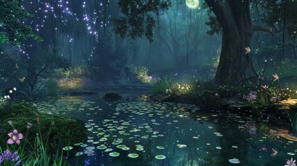 A tranquil forest pond scene at twilight with hanging lights, lily pads, and gentle floral touches creating a serene ambiance.
