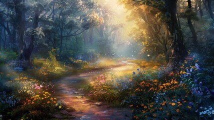 A sunbeam-lit forest trail meanders through a misty woodland, dotted with a carpet of vibrant wildflowers and gentle light particles.