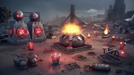 Chemical war scene, 3D atomic bomb detonation, hazardous environment,