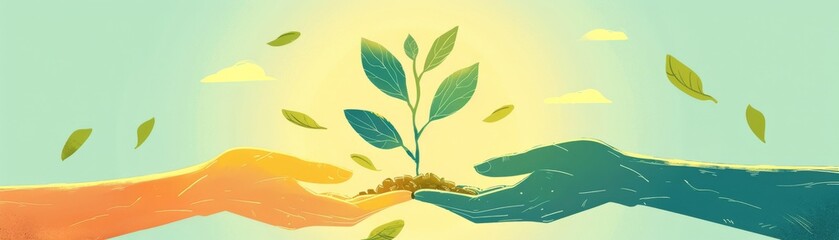 Watercolor Hands Planting a Tree Together Representing Collaboration and Growth

 - obrazy, fototapety, plakaty