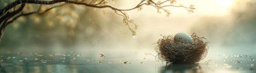 Naklejka na ściany i meble Serene Scene of Single Egg in Nest on Water with Reflective Tranquil Dawn Light