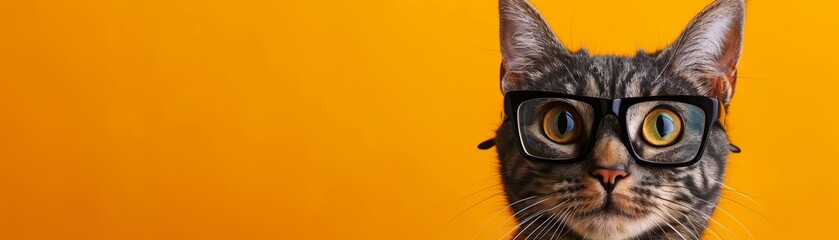 Tabby Cat with Spectacles on Vivid Orange Background Displaying Humor and Personality