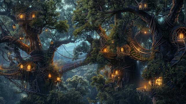 Twilight descends on a cluster of enchanted treehouses interconnected by whimsical bridges, nestled in an ancient, lush forest.