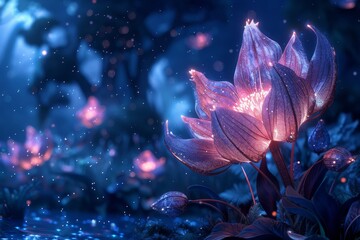 Enchanting blue lotus flowers radiating light in a serene mystical pond under a starry night sky.