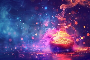 A vibrant potion containing magical essence bubbles in an alchemist's lab, suggesting potent mystical properties.