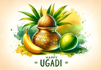 Watercolor illustration for ugadi with a traditional pot and fruits.